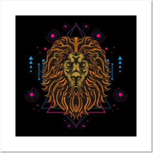 retro lion sacred geometry Posters and Art